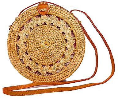 Pro@Home43® Sac en Rattan élégant fabriqué à Bali | Sac de plage rond pour femmes, Sac à bandoulière, Sac d'épaule à la mode | Sac d'été classique en paille livré dans une boîte cadeau