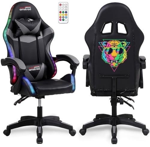 Amstrad AMS-900-LED-TIGER - Fauteuil Gaming Noir et Gris - Serigraphie Tiger - Eclairage LED 366 Effets - Télécommande