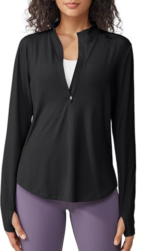 G4Free Long Sleeve Sports T-Shirt Women UPF 50+ Sun Half Zip Shirts Lightweight Quick Dry Workout Tops Running Hiking Breathable Activewear with Thumb Holes Black