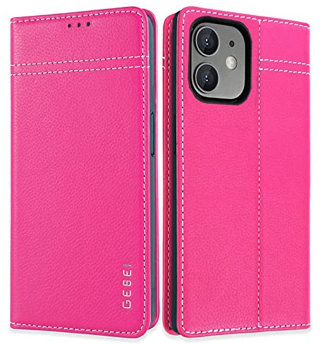 Gebei Hülle Echt Leder für iPhone 12 Mini (5,4) - Premium Lederhülle Klapphülle mit Standfunktion und Kartenfächer Flip Case Ledertasche für iPhone 12 Mini - 5,4 Zoll (Pink)