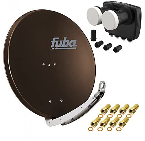 Digital Sat Anlage 2 Satelliten Astra/Hotbird - 4 Teilnehmer | Fuba DAA850B Sat Schüssel 85cm braun + DUR-line MB6-QS Monoblock Quad LNB 6° (DVB-S2, HDTV, 4K/8K, 3D) + 8xF-Stecker vergoldet