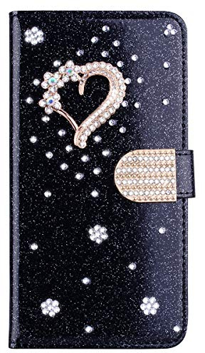 BLOTECH Hülle für Samsung Galaxy A10/M10,Leder Brieftasche Glitzer Schutzhülle Glänzende Bling 3D Schnalle & Liebe Etui Schale Kartenfächer Magnet HandyCase für Samsung Galaxy A10/M10,Schwarz