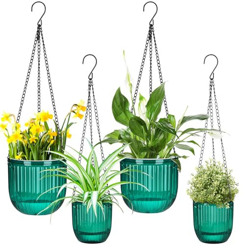 Maxcheck 4 Pcs 6.5'' 4.5'' Self Watering Hanging Planter Hanging Flower Pots for Indoor Plants Plastic Hanging Plant Pot Indoor Outdoor Hanging Basket Planter Plant Hanger with Drainage Hole and Hooks