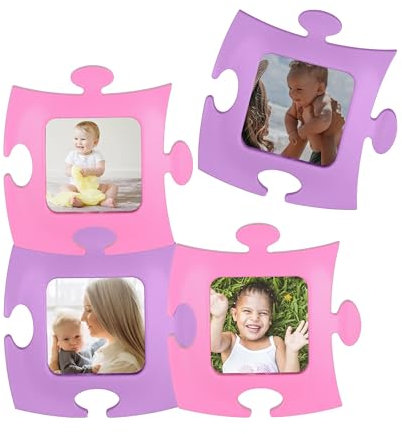 Tommy Design Portafotos de puzle – Juego de 4 piezas en colores lila-fucsia para fotos tamaño 7 x 7 – Marco múltiple de mesa o de pared – Portafotos de pared múltiple con forma de rompecabezas – Marco