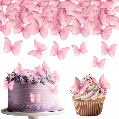 TIESOME 48 Pcs Edible Butterflies for Cake Decorating, Vivid Butterfly Cake Topper Butterfly Cupcake Decorating for Wedding Birthday Anniversary Flower Themed Party Decorating Princess Games(Pink)