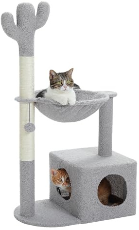 MUTTROS Árbol rascador para gatos de cactus de 40 pulgadas, torre para gatos con hamaca de alfombra de metal grande, poste rascador para gatos de interior con condominio y bola colgante, gris
