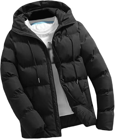 Men's Winter with Hood Puffer Jacket Thicken Insulated Warm Down Coat Windproof Waterproof Hooded Puffy Jackets, Black, L