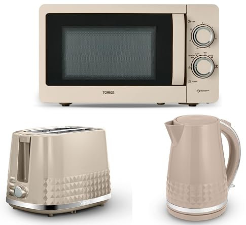 Tower Solitaire Latte 1.5L 3KW Jug Kettle, 2 Slice Toaster & T24042MSH 800W 20L Microwave. Matching Modern Design Kitchen Set in Latte with Chrome Accents