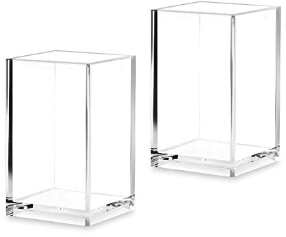 2 Pack Acrylic Pen Pot Acrylic Pen Pencil Holder Cup Desktop Stationery Makeup Brush Storage Organizer Candy Box for Desk Table, Office School Supplies 6.5 x 6.5 x 10 cm (Clear Color - 2 Pack)