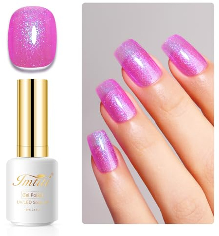 Imtiti Glitter Gel Nail Polish, 15ML Pink Iridescent Glitter Gel Polish Soak Off LED UV Shimmer Sparkle Nail Gel Polish DIY Art Starter Manicure Salon Gel Nail Polish Kit