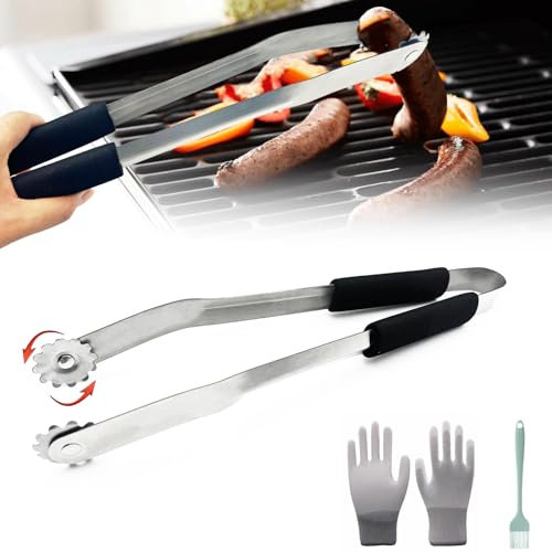 Grillzange mit Rädchen zum Drehen,BBQ Würstchen Wendezange, BBQ Würstchen Dreher,Zange zum Wenden von BBQ-Würstchen,Grill Wendezange, BBQ-Würstchen-Wendezange,Grillzange Drehbar Edelstahl