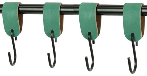Handles and More - 4 x S Haken für Kleiderstangen - Meergrün - Größe L - für max. Durchmesser 49mm - Kleiderhaken mit Lederschlaufe - Garderobenhaken aus echtem Leder - Fleischerhaken für Garderobe
