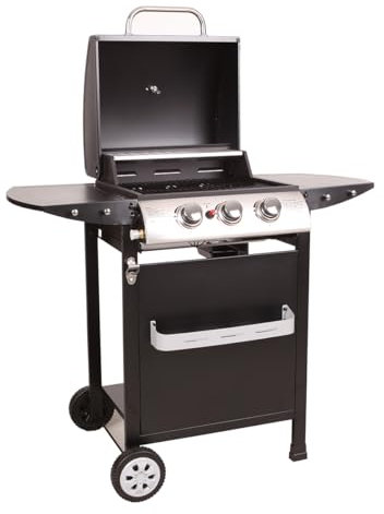 LOFOTEN - Barbacoa de gas 3 fuegos - Potencia 8,4 kW - 106,5x57,5x104,5cm - Campana de cierre con termómetro - 2 parrillas de acero cromado, 2 estantes laterales, 1 bandeja baja - 2 ruedas - Negro