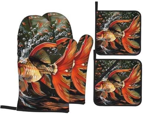 Safflower Flying Fish Oven Mitts and Pot Holders Set of 4 - Heat Resistant, Waterproof Fabric - Ideal for Kitchen, Baking, Barbecue - Idea Gift!
