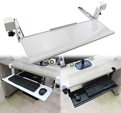 HYUFEIAO Arm Rest Metal Keyboard Tray Under Desk Clamp-On Keyboard Drawer, 60X20Cm, Black White, Slide-Out Keyboard Shelf for Home Office Typing Gaming, Easy to Install