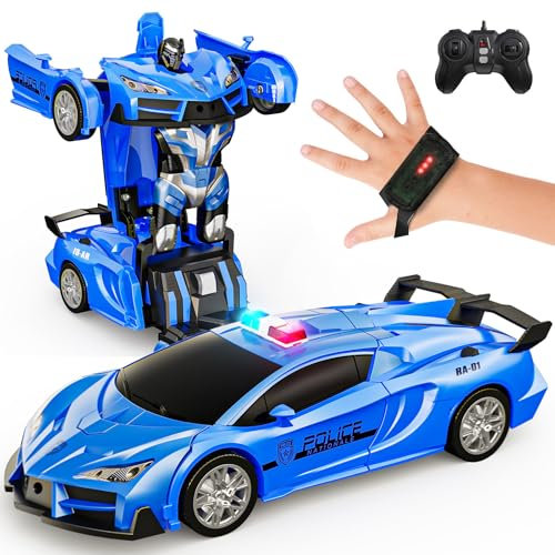 Tecnock 2 in 1 Ferngesteuertes Auto Transformator Gesten-Erkennung, 360°Drehung RC Autos für Kinder, 2.4GHz EIN Knopf Transform Roboter mit LED, Polizei Auto Spielzeug Geschenk für 8+ Jungen/Mädchen