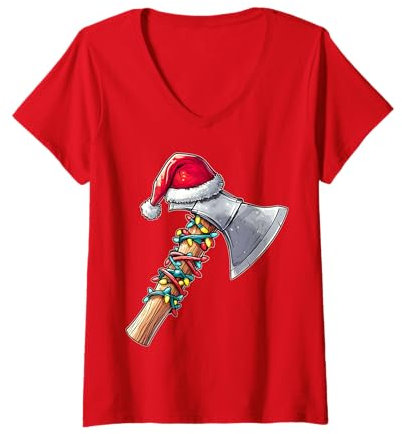 Womens Axe Throwing Axe Thrower Christmas Hat Xmas V-Neck T-Shirt