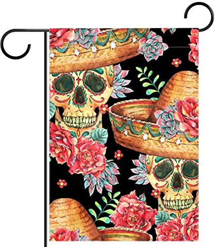 Gartenflaggen Feuer Blumen Strohhut Totenkopf Außenbanner Doppelt Genäht Piratenflagge Premium Gartenflagge Für Hof Außenbereich Home 30X45Cm