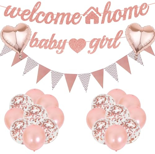 Willkommen Zuhause Baby Madchen Ballon - 22 Stück Rosagold für Baby Girl | Gender Reveal Deko mit Ballons Wimpelkette für Mädchen oder Jungen