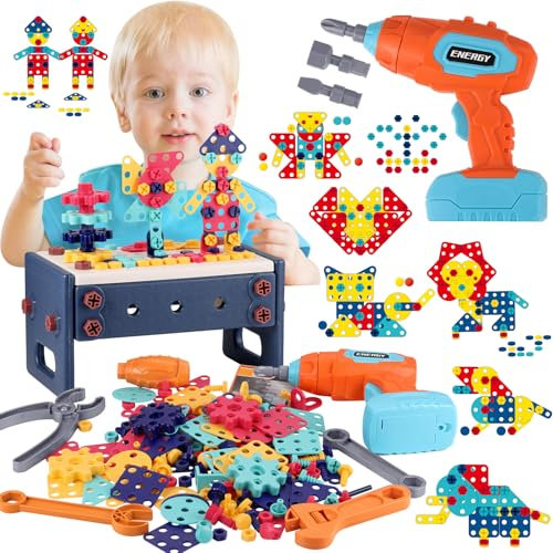 GAGAKU Akkuschrauber Kinder 216-teiliges Werkzeug Werkzeugset Spielzeuge Montessori Kleinkinder Werkzeugkoffer Rollenspiel Bildungsspielzeug Baukit für Jungen und Mädchen ab 3 bis 10 Jahren