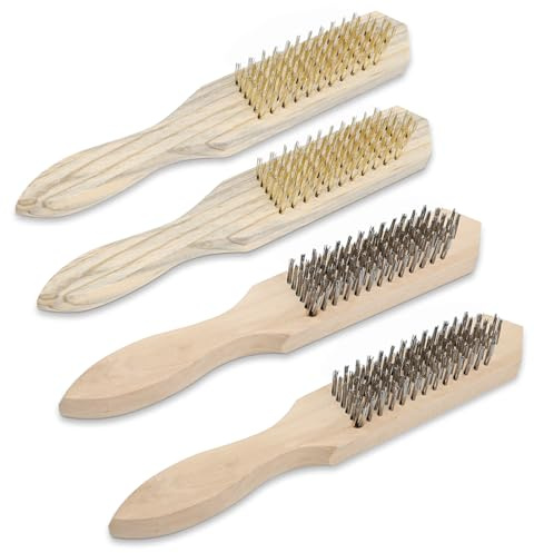 MISIQIMA 4 Stück Handdrahtbürste Set mit Drahtbürste und Messingbürste, Stahlbürste, Edelstahlbürste, Metallbürste mit Holzgriff, zum Entfernen von Farbe, Rost, Schweißschlacke