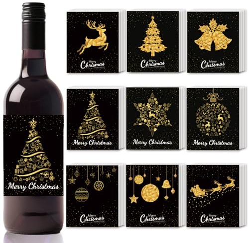 SUPERDANT 45PCS Christmas Elk Wine Bottle Label Black and Gold Wine Bottle Stickers Snowflakes Wines Labels for Bottles Party Champagne Wines Bottles Cover for Christmas Decor Gifts