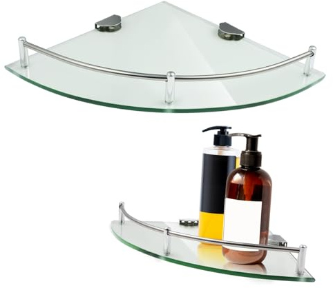 iplusmile 2 pièces Étagères Angle Verre Trempé avec Support INOX Rangement Mural Stable pour Salle de Bain Cuisine et Hôtel Lot