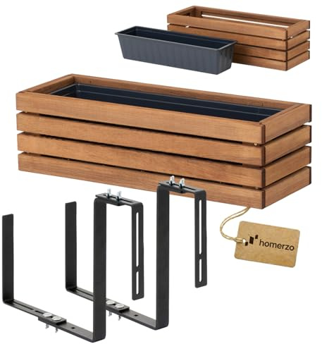 HOMERZO Holz Pflanzkasten Blumenkasten rechteckig – braun imprägniert, mit herausnehmbarem Kunststoff-Einsatz – Pflanzkübel für Balkon, Garten & Terrasse (Horizontal-braun, 65x23 H20 + Halter)