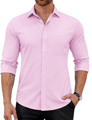 J.VER Hemd Rosa Herren Herrenhemden Langarm Bügelfrei Formell Businesshemd Klassisch Stretch Hemden Modische Oberhemden Elegant Raffiniert Rosa L