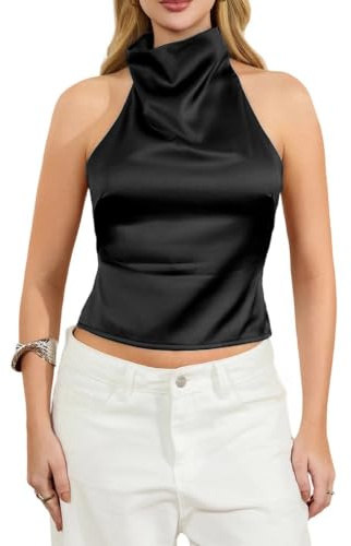 Thseonde Women Silk Halter Neck Top Open Back Satin Vest Shirt Sleeveless Crop Backless Tank Going Out Tops