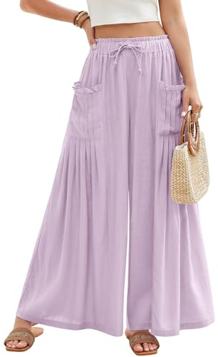 PASUDA Pantalon Femme Fluide Été Pantalons Lin à Jambes Larges Taille Haute Elastique Chic et Elegant Pantacourt Ample avec Cordon de Serrage Longueur Pants avec Plissé Poches (Violet, L)