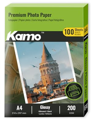 Kamo Inkjet Hochglänzend Fotopapier, DIN A4, 200g/m², 100 Blatt, Ideal für Fotos, Poster & DIY, Kompatibel mit Canon HP Epson Tintenstrahldrucker