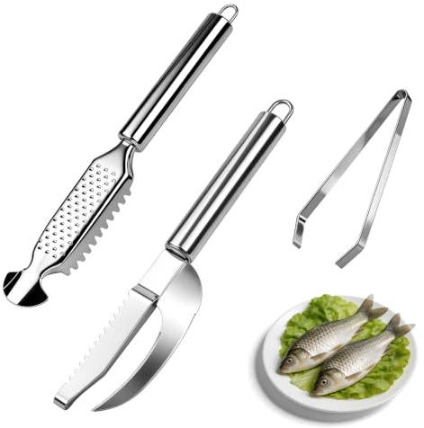 Foyucool 3 Piece Fish Scale Remover Set, Stainless Steel Kitchen Tools | With Fish Scale Scraper, Fish Belly Knife & Fish Bone Tweezers – Quickly Clean Scales for Easy Cooking and Food Preparation