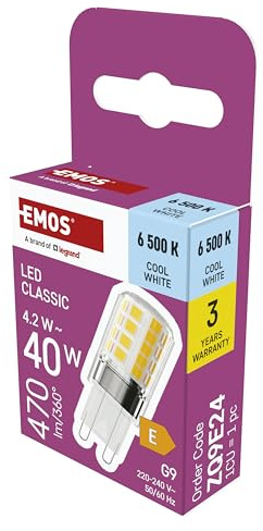 EMOS - G9 LED Lampe CLASSIC 4,2 Watt, ersetzt 40 Watt Halogenlampe - G9 Pin Lampe JC mit Helligkeit 470 Lumen - Kaltweiß 6500 Kelvin - langlebig 30000 h - 300° Abstrahlwinkel - SMD LEDs