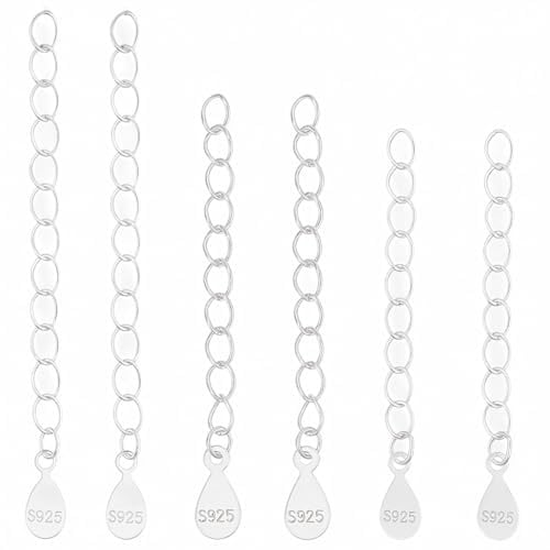 Beebeecraft 6Pcs 3 Size 925 Sterling Silver Chain Extender, 33~48mm Bracelet Extension Chain with Flat Teardrop Tag Tail for Necklace Anklet Jewellery Making Diy Craft