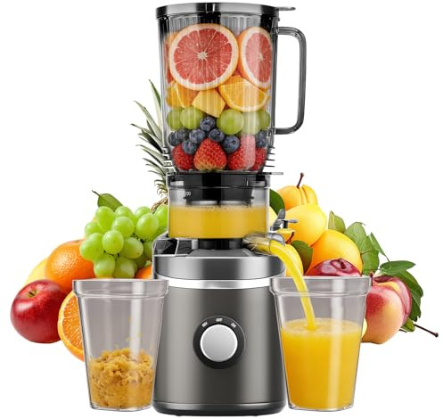 Ovshnrr Extracteur de Jus, 120 mm Grande Ouverture Extracteur de Fruits et Légumes Entiers, Slow Juicer, 2.3L Capacité, Sans BPA, avec 2 Verres, Rendement Élevé et Préservation des Nutriments