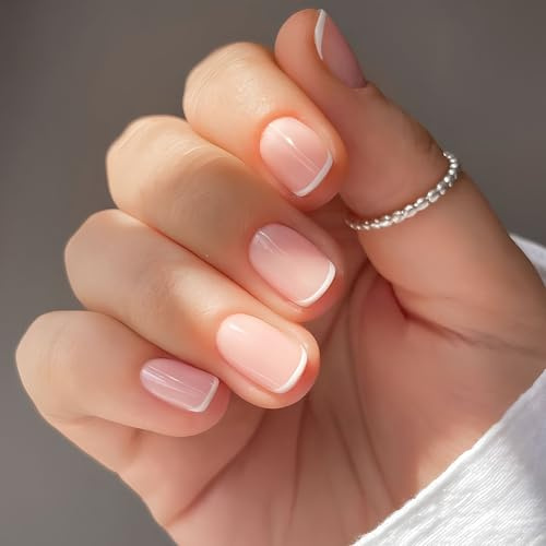 COMOOKA 24 Stück Press On Nails French Tips Kunstnägel zum Aufkleben Kurz | Künstliche Fingernägel zum Aufkleben, Full Cover French Nails Nude mit Weißer Spitze, Nägel zum Aufkleben für Frauen