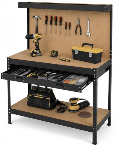STAKMANN Banco da Lavoro Officina Porta Utensili Bancone Struttura in Metallo Piani in Legno MDF con Parete Ganci Portattrezzi Cassetto e Ripiani Colore Nero Dimensione Tavolo, 120 x 140 cm