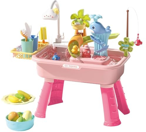 Renopfect Wassertisch Für Kinder Mit Pumpe, 54 X 29 X 53 cm Wasserspielbecken Mit Angelspiel, ABS Wasserspieltisch Mit Pumpe/Wasserfluss/Gemüse-Set/Angelspiel/Wasserrutsche, Sensorisches Aktivitätssp