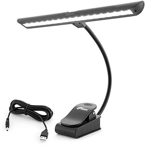 TIGER MSL56-18BT Clip-on Music Stand Light with 18 LEDs with Warm/White Colour Modes and Variable Brightness - Portable Gooseneck Lamp - Battery or USB/Mains Powered - Black