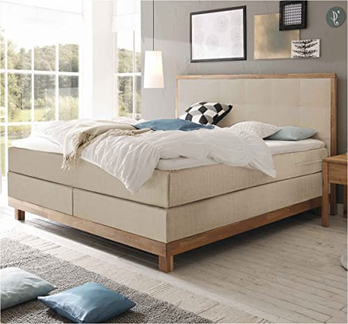 Hasena Boxspringbett Chalet Eiche Bianco|Stoff beige Größe 140x200 cm Superio Topper (Soft)