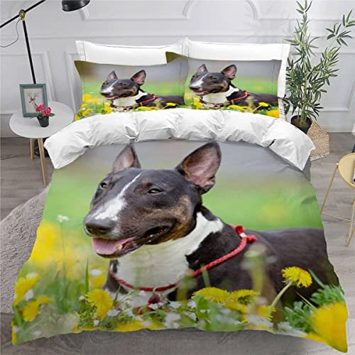 Bettwäsche 135x200 Bullterrier Kinderbettwäsche 3D Drucken Schwarz Und Weiß Hund Tier Bettbezug Mikrofaser flauschig Jungen Mädchen Bettwäsche-Set mit 2 Kissenbezügen 80x80