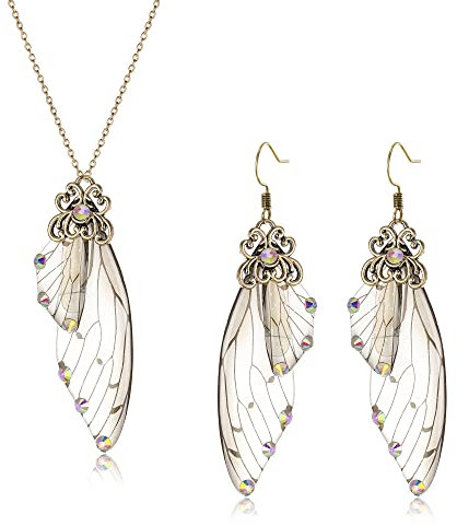 Clearine Schmuckset mit Schmetterling Flügeln Simulation Insekten Feenflügel Anhänger Halskette und Ohrringe Set für Damen Iridescent AB Antiqued Gold-Tone