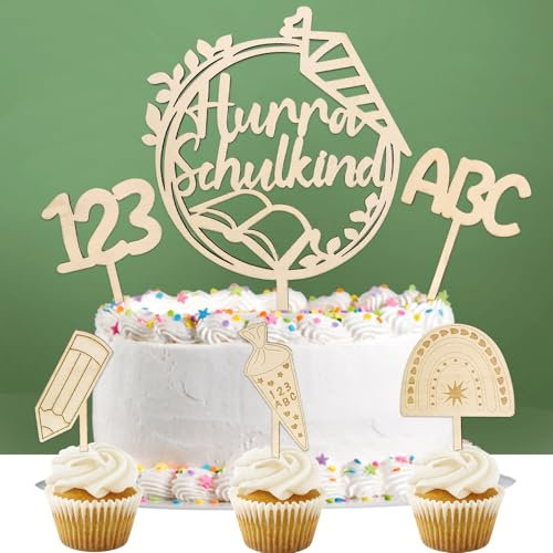 Universelle Tortendeko Einschulung, 6 STK Cake Topper Hurra Schulkind Holz Kuchendeko Schulanfang, Zuckertüte ABC 123 Kuchen Deko Schulkind 2025 Mädchen Junge Einschulung Geschenk
