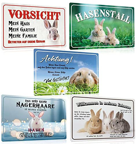 ESFIVHO 5er Set Hasen Schild aus Metall 20x30cm - Blechschilder Sprüche Hasenstall - VORSICHT - Willkommen In Meinem Zuhause - Wand-schild Deko Geschenk