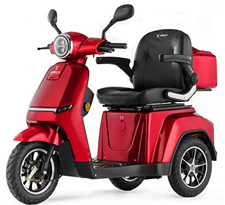 VELECO TURRIS - Mobilitätsroller mit 3 Rädern - Komplett montiert und fahrbereit - Voll-LED Beleuchtung - Kontrastreiches Display - Alarmanlage (Rot)