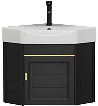 Lavabo Suspendido,Lavabo Cerámica de Esquina Baño,Lavabos Pequeños con Fría y Caliente Grifo y Desbordamiento,Fregadero Cocina Esquina,Lavamanos baño,para Interior y Exterior ( Color : Nero , Size : 4