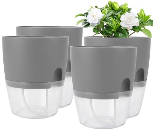APACALI 4 pièces Pots de Fleurs Auto-Arrosants, 15cm Herbes Cuisine, Plantes Aromatiques Interieur Gris pour Plantes D'IntéRieur Fleurs, Herbes