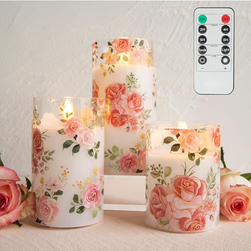LUSHARBOR Flameless Rose Candles Glass, Pink Floral Battery Remote Candles | Romantic Pink Rose LED Candles Set of 3, Valentine's Day Fake battery Candles Gift Home Table Mantel Decor