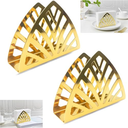 Serviettenhalter, goldener Serviettenhalter aus Metall, 2 Stück, Einfachheit, dreieckiger Taschentuchspender aus Edelstahl für Küchenarbeitsplatten, Esstische, Gold